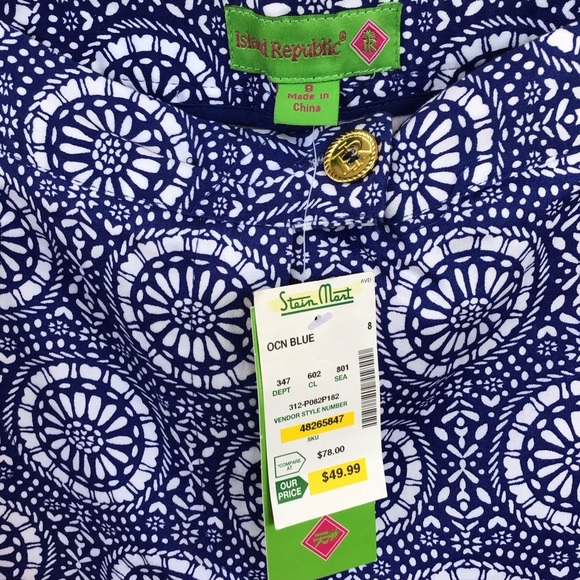 Island Republic Size 8 Cropped Cotton Spandex Blue White Geometric Stretch Pants - Picture 4 of 5